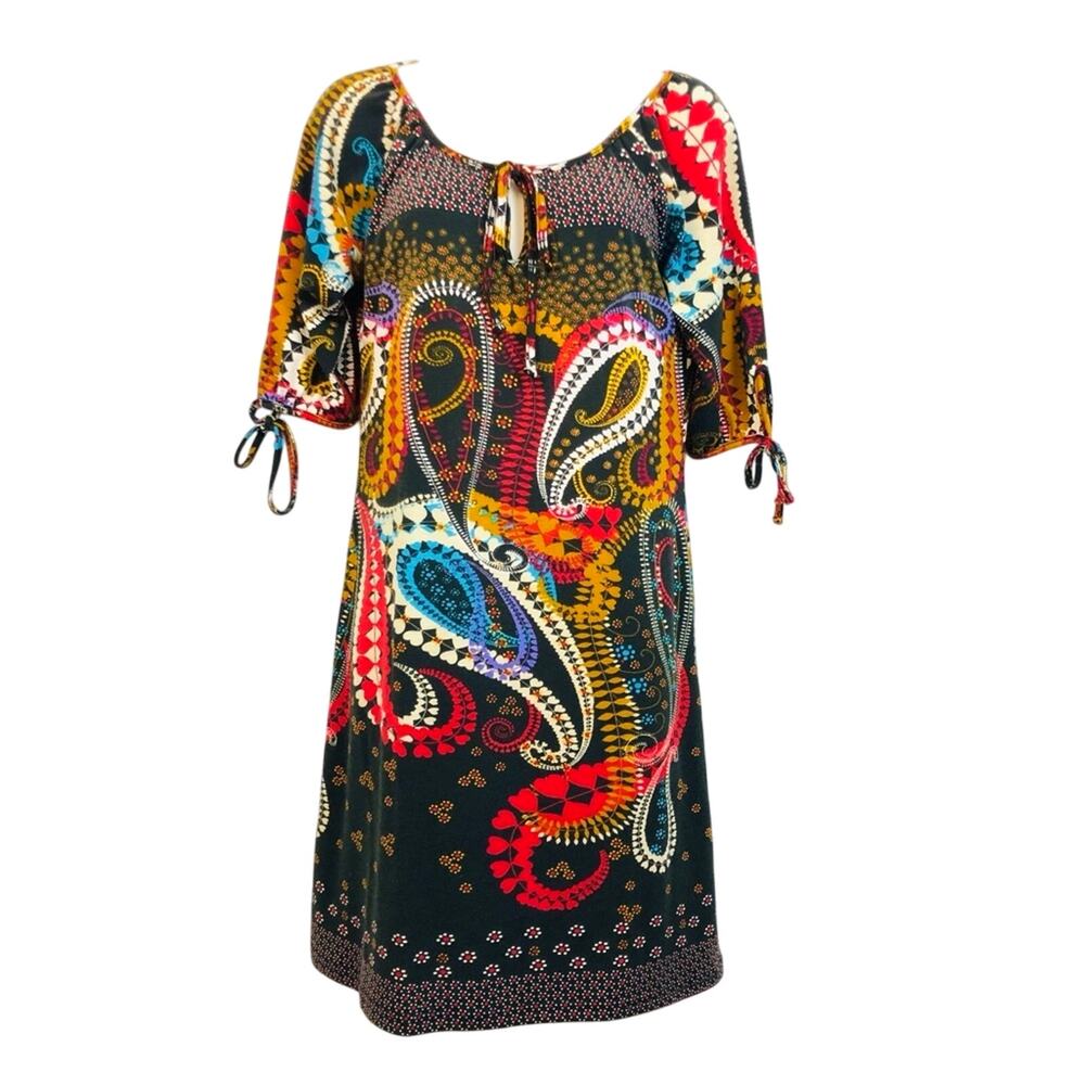 Angie Black and Multi Colored Swirling Paisley Print Boho Inspired Shift Dress